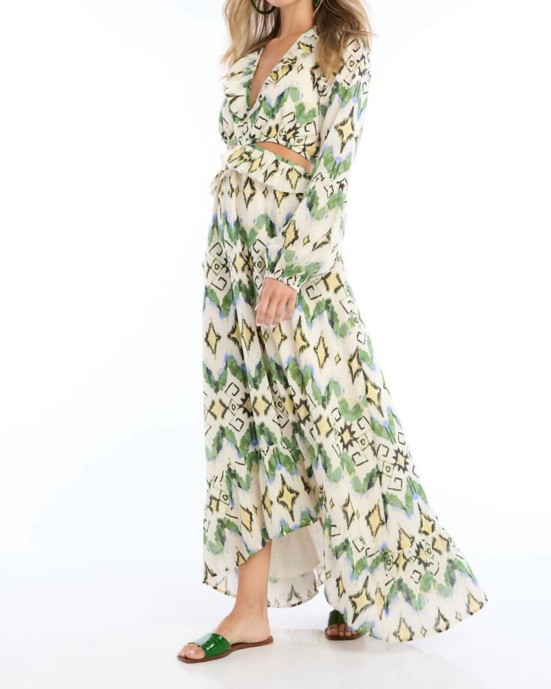 Front of a model wearing a size L Everyly Maxi Dress In Green Ikat in Green Ikat by ALLISON NEW YORK. | dia_product_style_image_id:346881